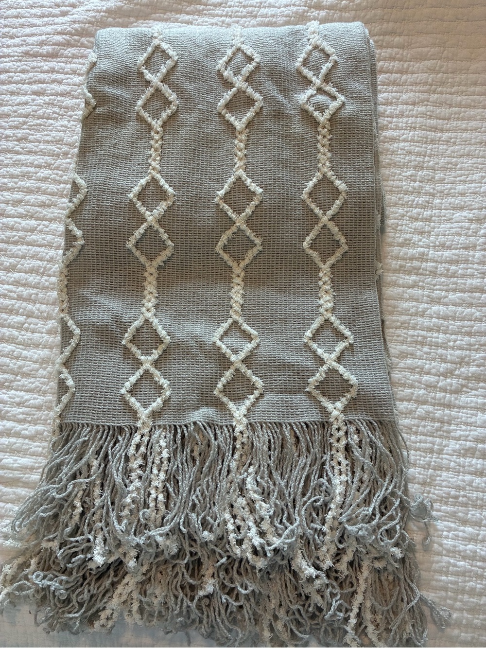 Source Unknown Gray Knit Throw with Ivory Diamond Trim and Fringe